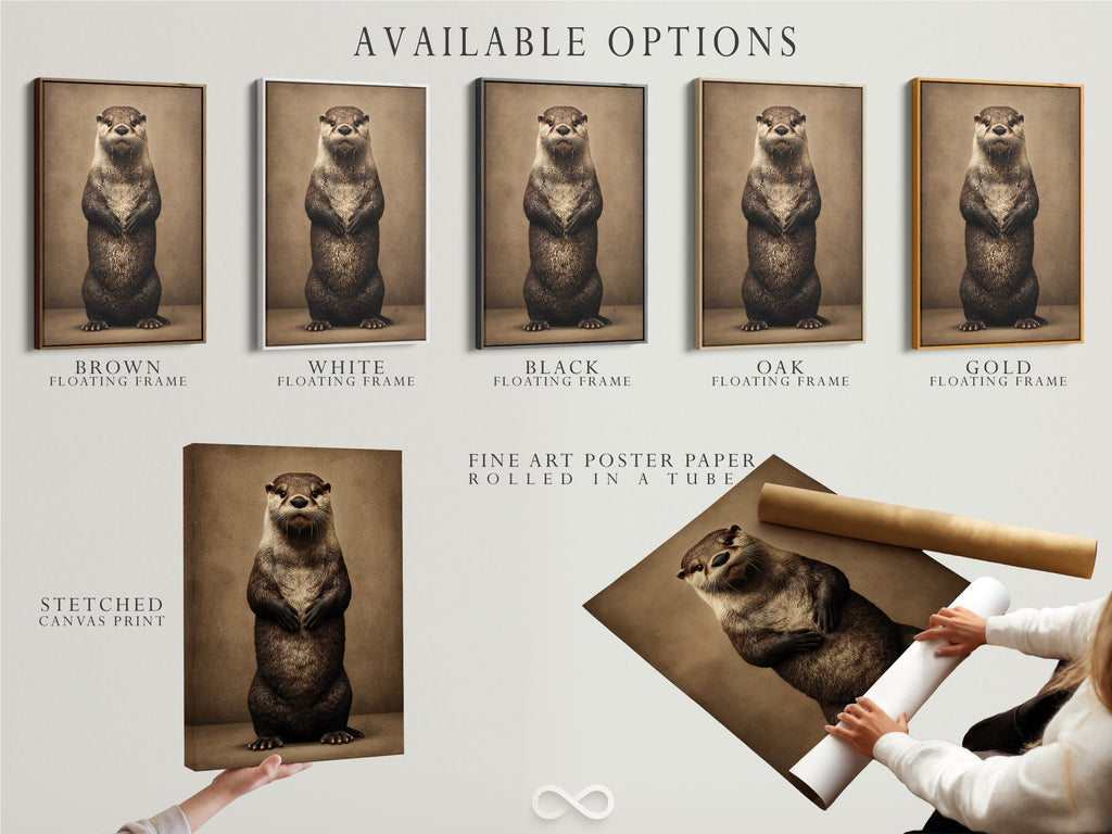 Available options include a stretched canvas print. Also available are fine art poster paper and a floating frame. All featuring the otter art print. The animal art print is a cute wildlife canvas. It is perfect for nursery wall decor. The otter artwork is a great gift for animal enthusiasts