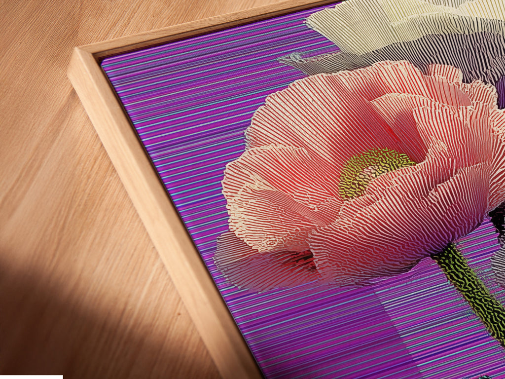 Close-up of a canvas print in a floating frame. The vaporwave poppy art print has a retro glitch aesthetic. The purple artwork enhances any room. The floating frame adds depth and dimension. This is perfect for modern wall decor.