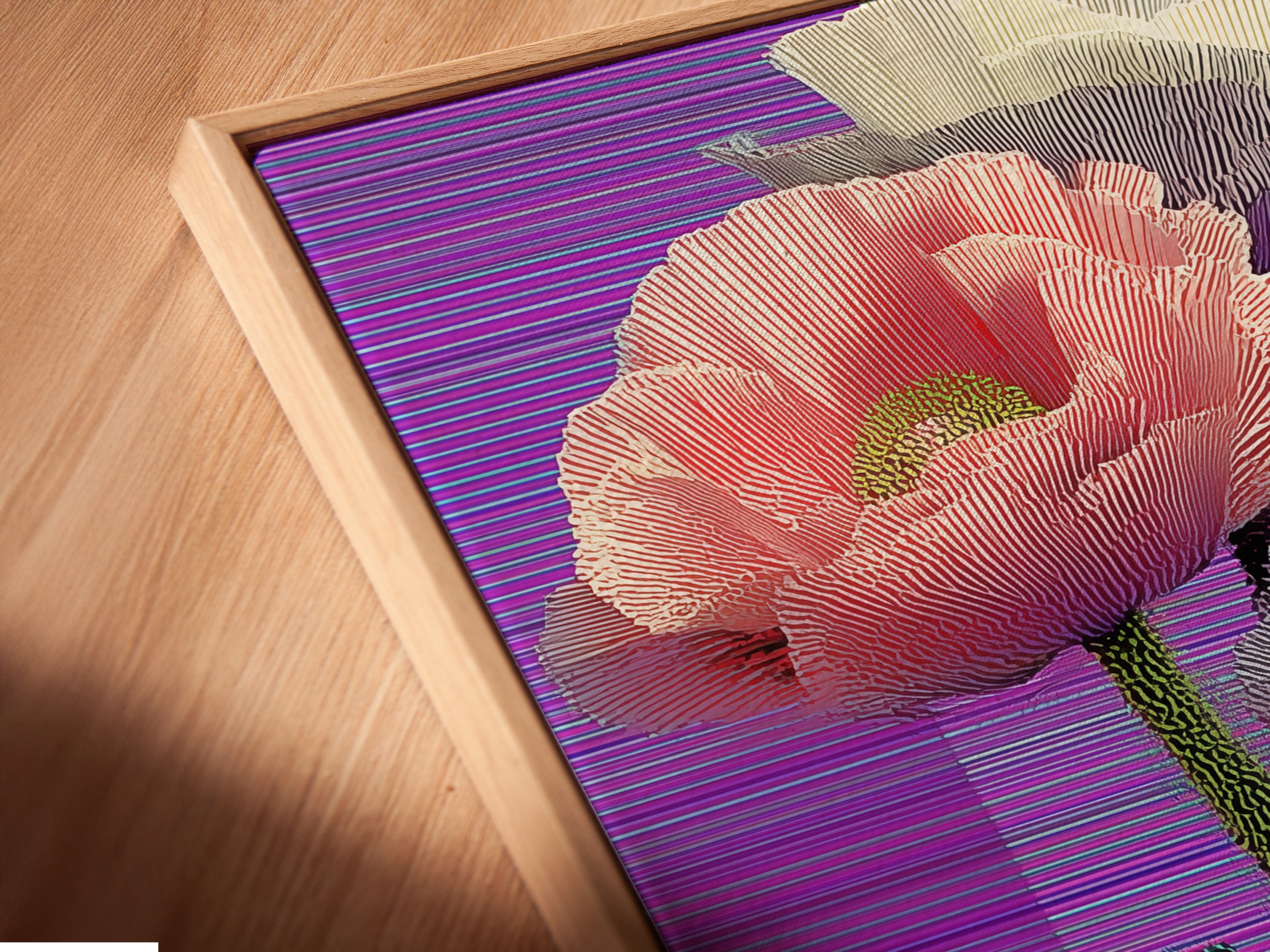 Close-up of a canvas print in a floating frame. The vaporwave poppy art print has a retro glitch aesthetic. The purple artwork enhances any room. The floating frame adds depth and dimension. This is perfect for modern wall decor.
