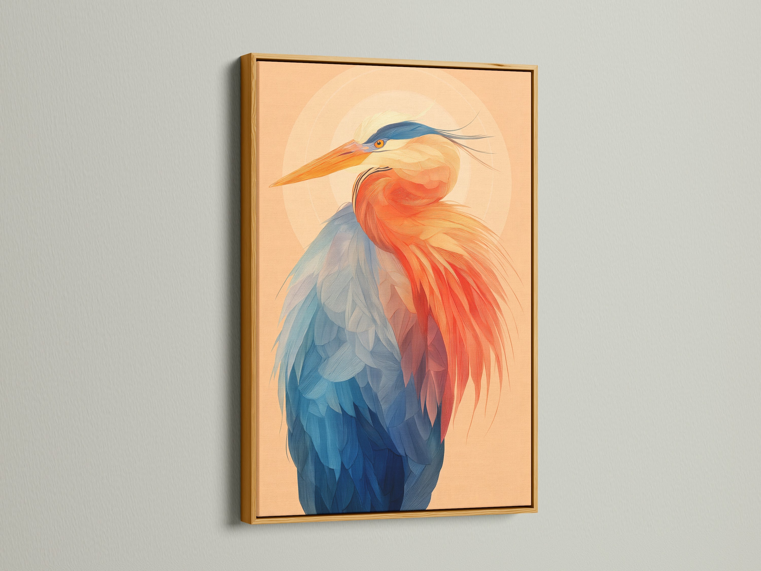 Framed heron art print with a gold frame. This coastal wall art brings a touch of elegance to your space. The avian artwork features a beautiful blue and orange heron. The gold frame enhances the artwork's vibrant colors. Perfect for adding a luxurious and modern touch to any room or office.
