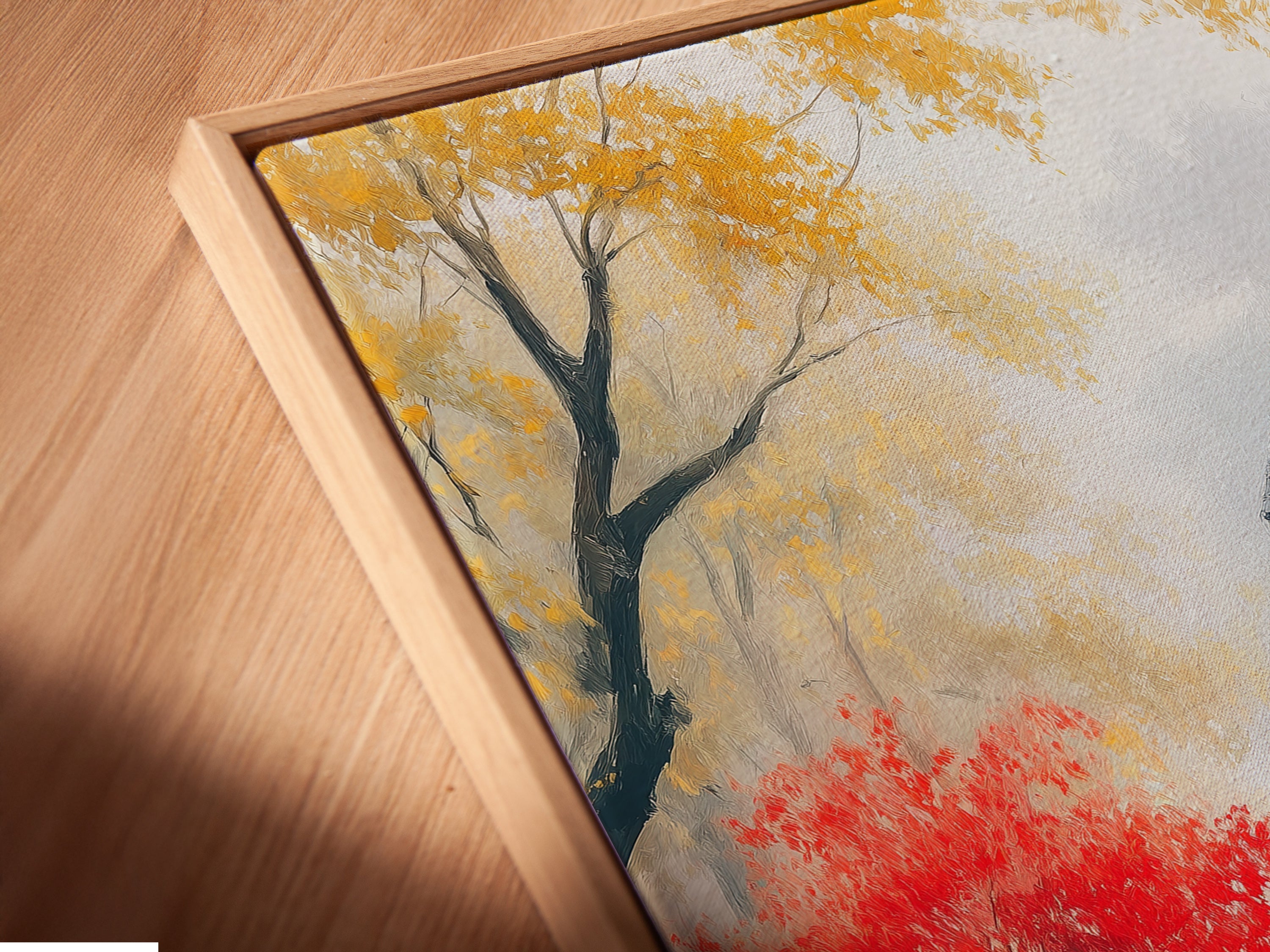 A close-up angled view of a canvas print in a floating frame. The Charleston art is visible. This cityscape print features a historic building. This autumn canvas adds color to city wall art. The floating frame enhances this architecture decor. It brings southern charm to your space.