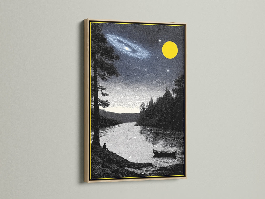 Night Sky Landscape canvas art in an oak frame. A galaxy and lake are featured in this wall art. This celestial scenery print is ideal for a bedroom. It adds nature wall decor to any living space. Astronomy decor for your home.