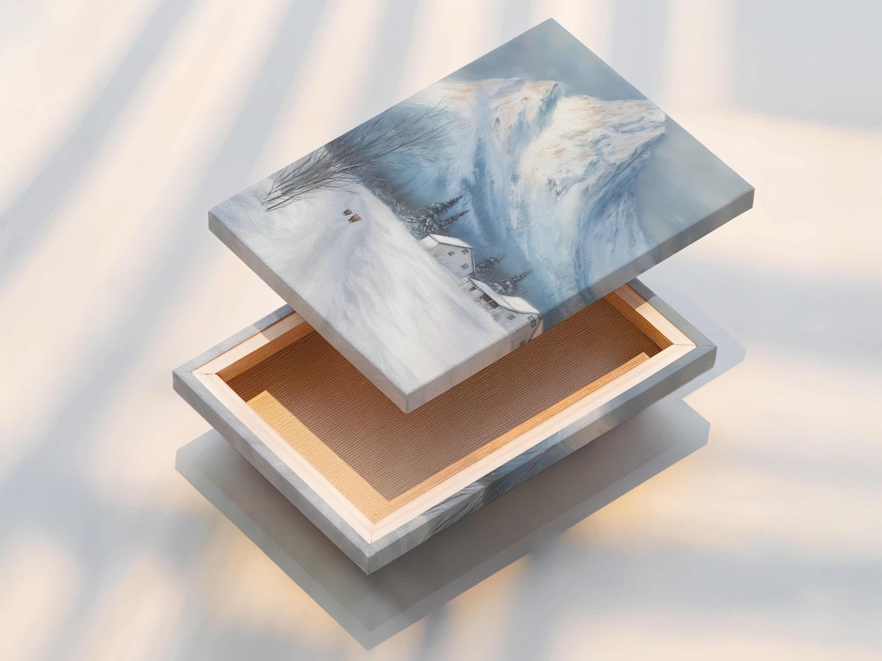 A stretched canvas print displays the Winter Mountain scene. Snowy landscape wall art is perfect farmhouse decor for a cabin. The rustic artwork is ready to hang. Enjoy this high-quality print. Bring the outdoors in.