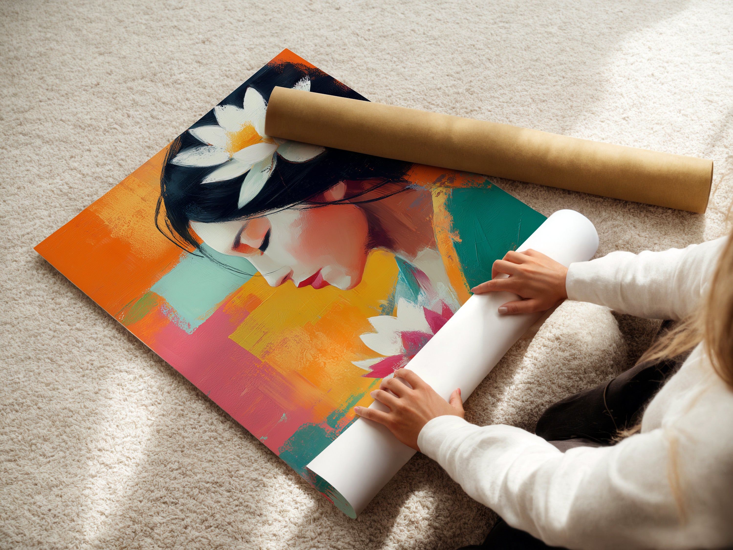 A woman is carefully rolling a fine art poster paper. Preparing a lotus flower woman art print for display. This zen wall art piece makes a statement in any room. The artwork is a colorful abstract portrait on canvas.