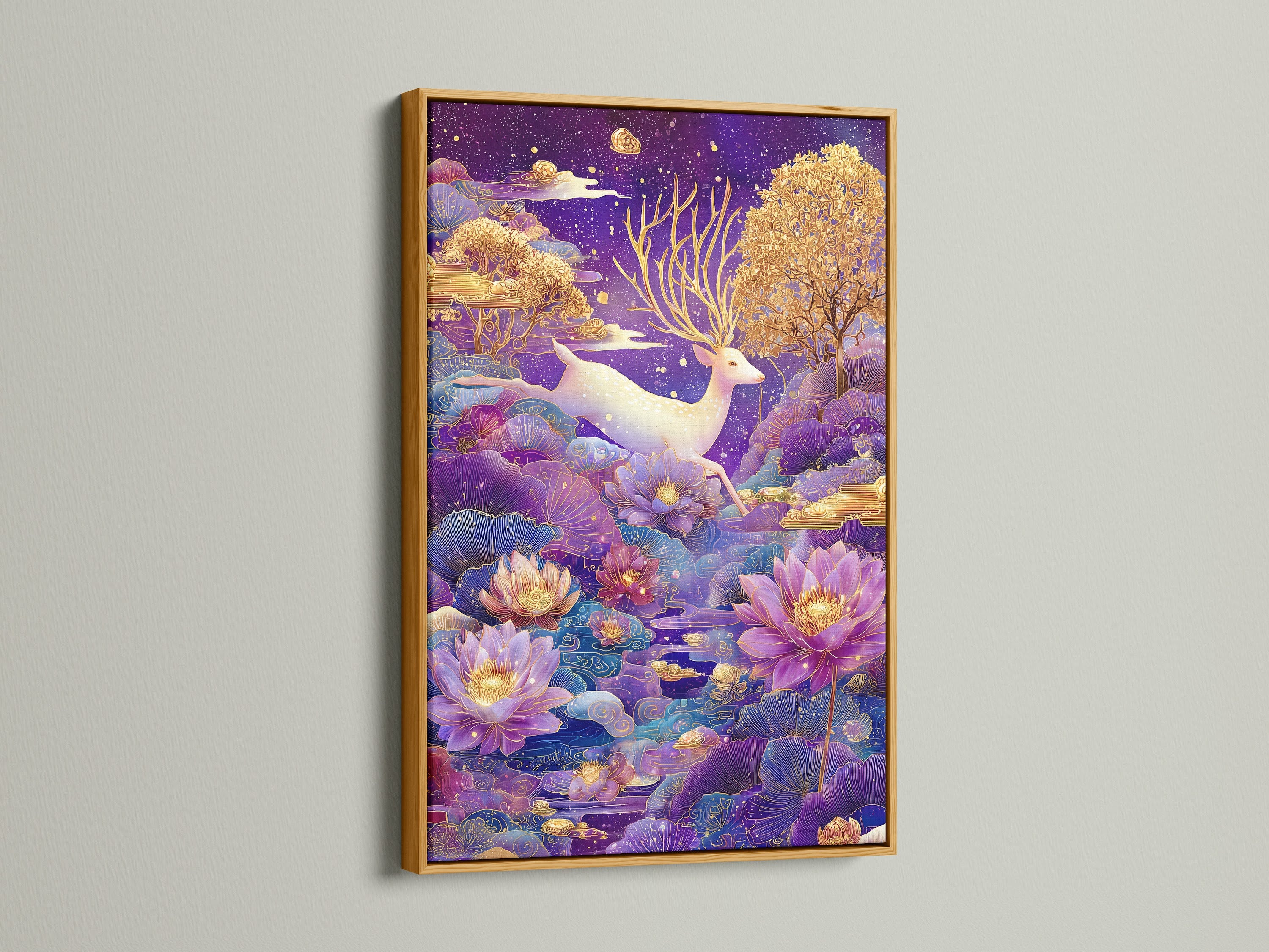 Admire the Mystical Deer artwork in a gold frame. The luxurious gold frame adds elegance and sophistication. It complements the mystical theme. Great for glam and eclectic decor. Create a focal point in any room.