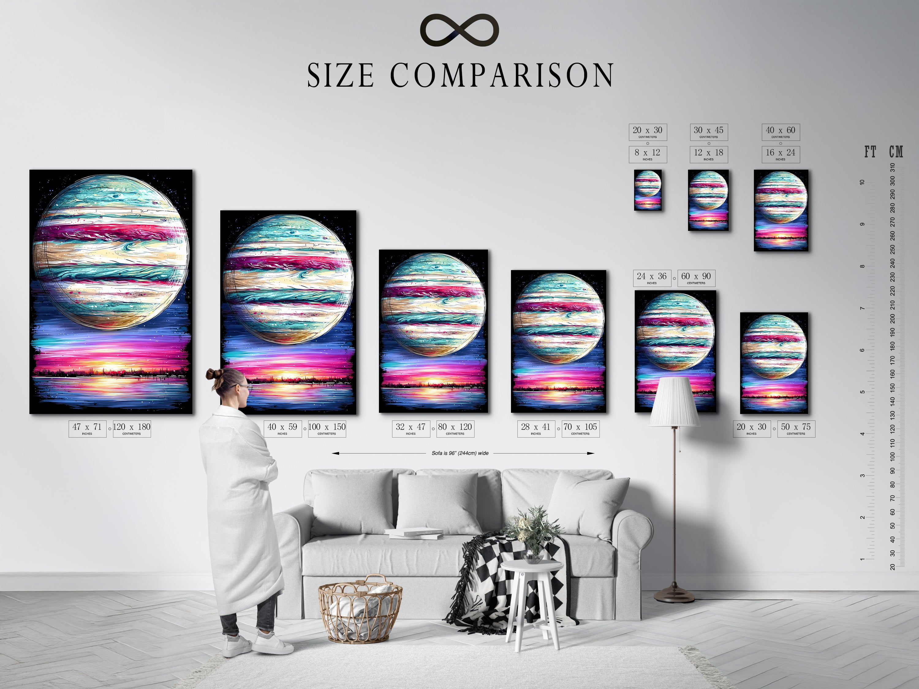Size comparison chart displayed in an interior setting. See how our galaxy wall art fits perfectly in your home. Visualize the impact of our celestial print. Choose the ideal size for your modern print.
