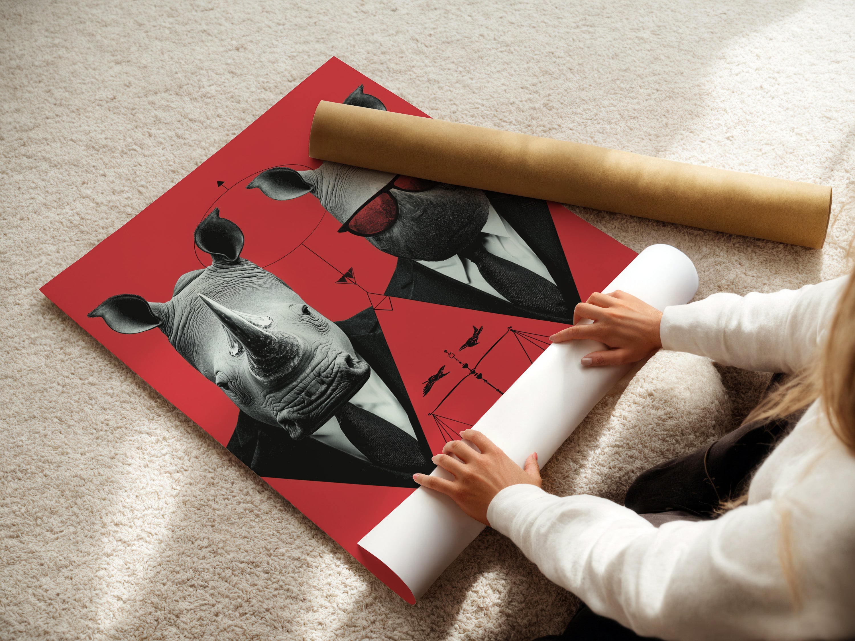 A woman is carefully rolling a fine art poster paper featuring the Rhino Business Suit artwork. This demonstrates the care and quality of the print. Ideal for professionals and art enthusiasts looking for unique wall art.