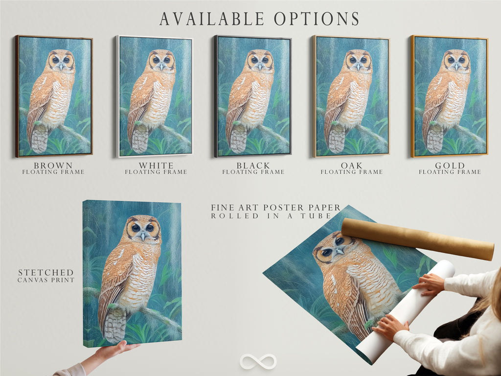 Explore the available options. Stretched canvas print fine art poster paper and floating frame. Each option enhances the owl artwork in its unique way. Choose the perfect style to match your personal taste and decor. Transform your space with stunning nature-inspired art.