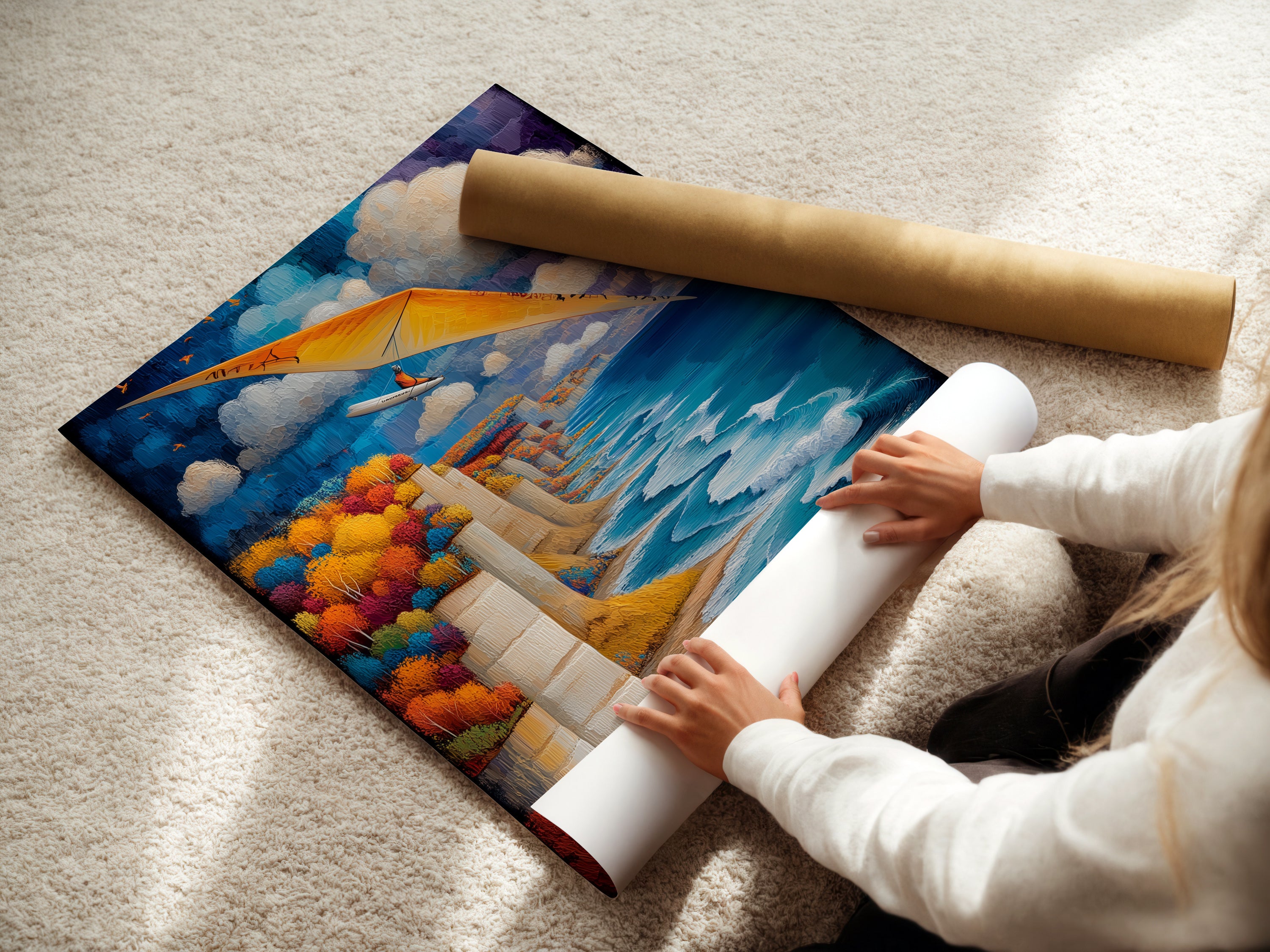 A woman rolling a fine art poster paper. This is an aviation artwork print. Perfect for coastal wall art. The print features a hang gliding scene. The artwork shows a blue ocean and cliffside scenery. Get your adventure print rolled and ready to frame. It is great for travel themed spaces.
