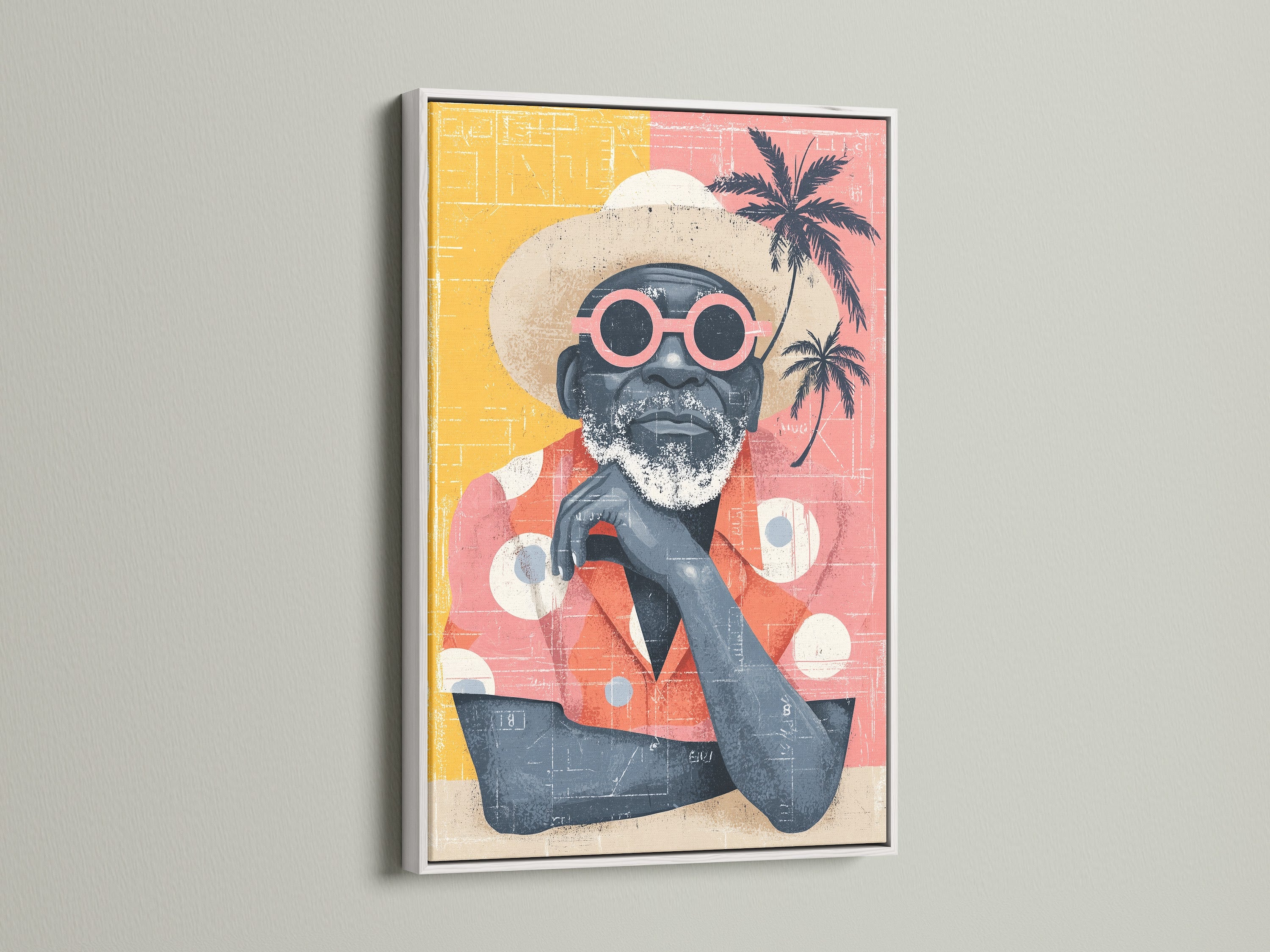 Retro beach man art print in a white frame. This tropical wall art is perfect for coastal decor. The white frame complements the vibrant colors of the artwork. It features a man in sunglasses and a summer shirt. Add a touch of vintage charm to your home or office.