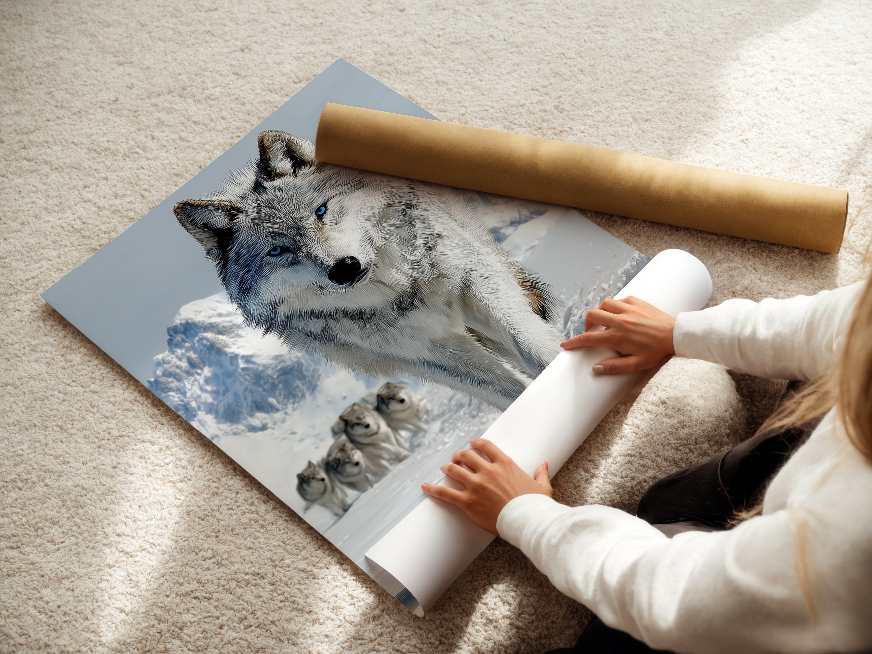 A woman rolls a fine art poster paper featuring a wolf pack artwork. The animal wall art captures a winter landscape with a mountain backdrop. This wildlife print is perfect for cabin wall decor. Enjoy high-quality nature artwork.