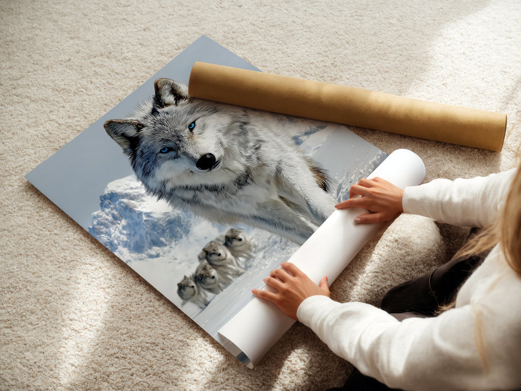 A woman is carefully rolling a fine art poster paper. The wolf pack artwork is printed on high-quality material. It ensures a lasting and beautiful piece. Perfect for adding a touch of wilderness to your home. This fine art poster is ideal for art collectors.