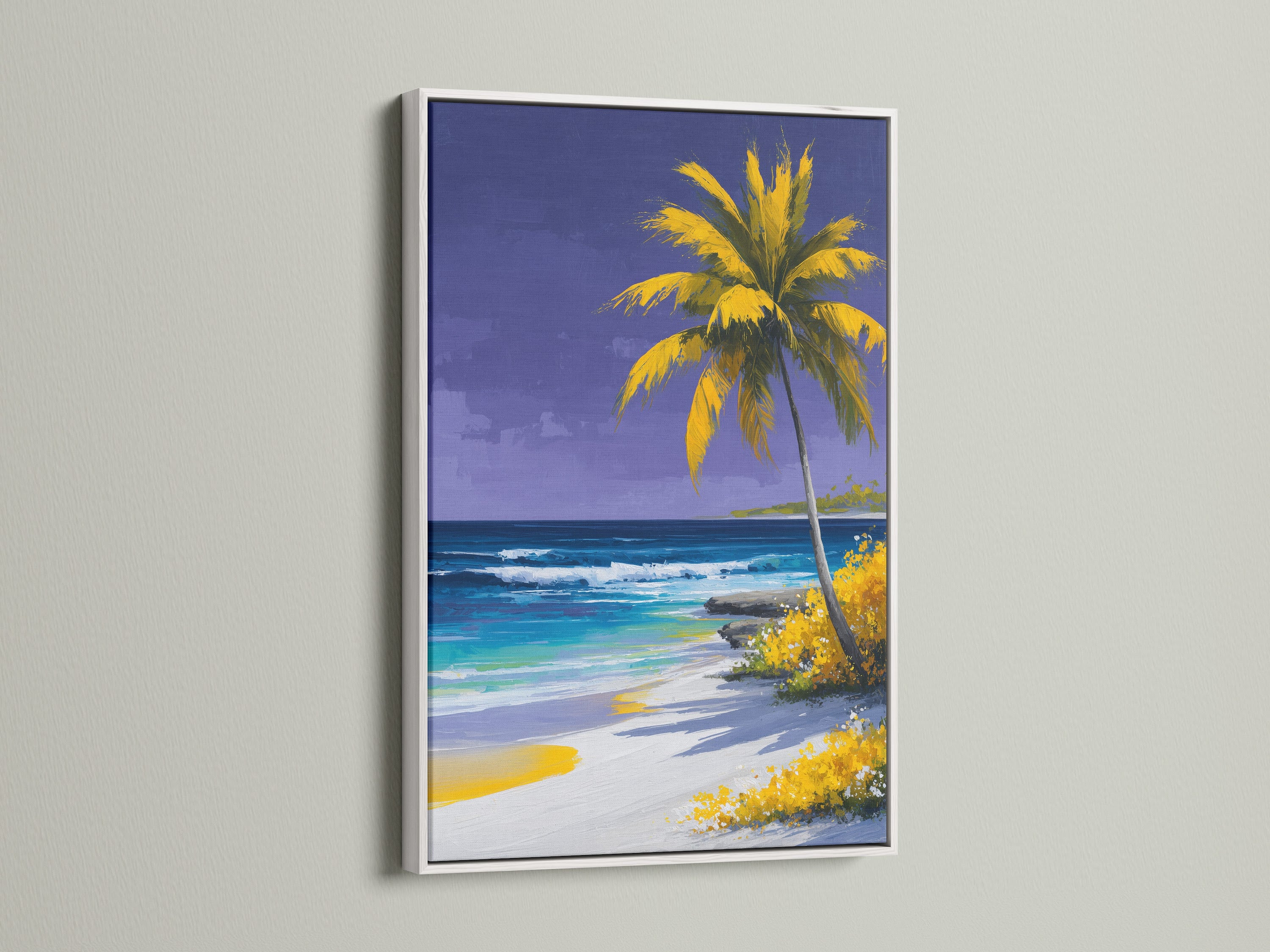Tropical beach artwork in a white frame hangs on a white wall. This coastal paradise artwork features a palm tree ocean scene. Elevate your home decor with this serene beach wall art.