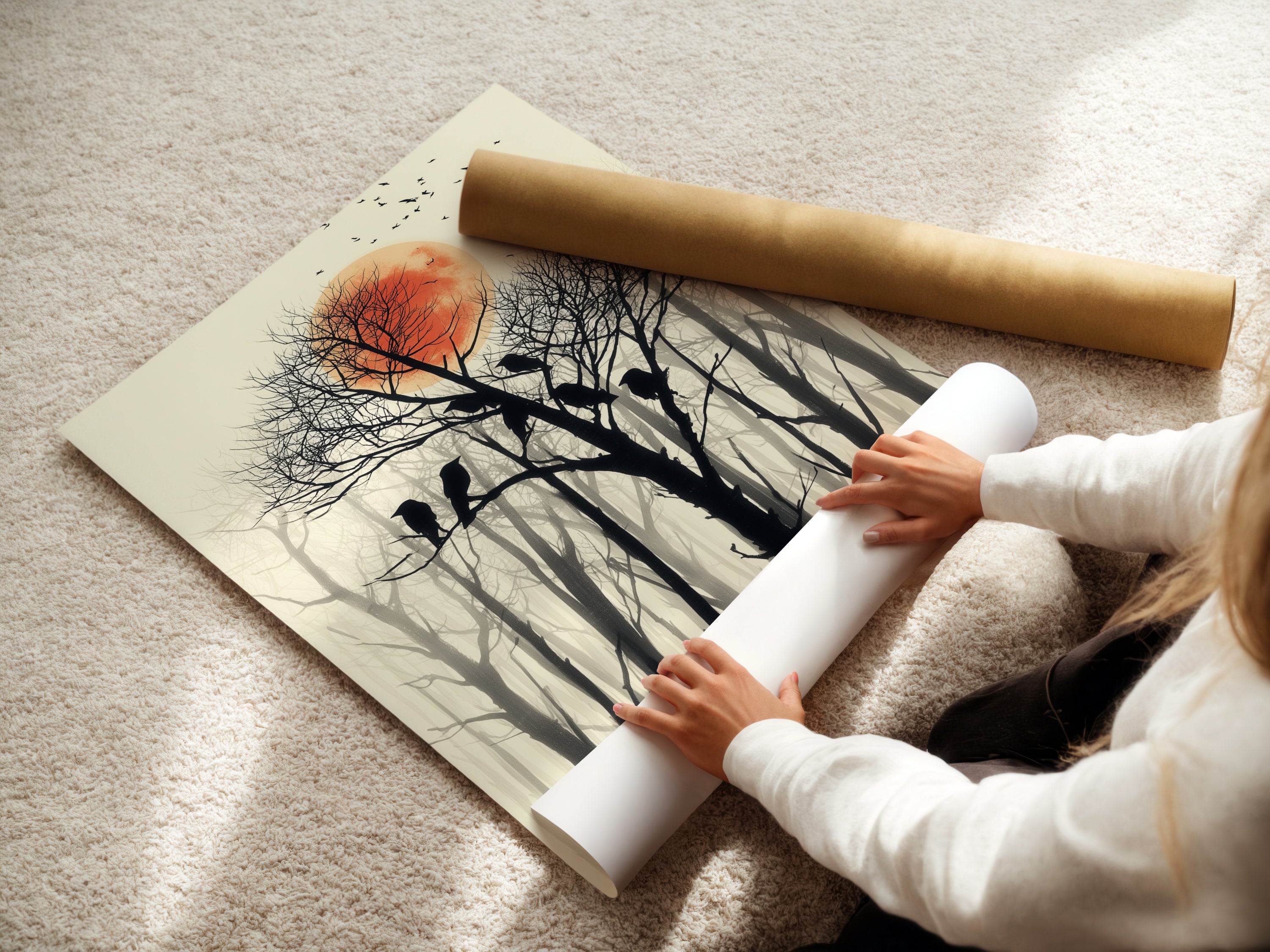 A woman is carefully rolling a fine art poster paper print. The artwork features birds on a tree with a red sun and forest silhouette. This nature wall art is a great gift for bird watchers.