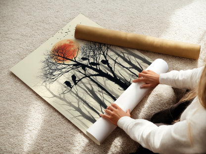 A woman is carefully rolling a fine art poster paper print. The artwork features birds on a tree with a red sun and forest silhouette. This nature wall art is a great gift for bird watchers.