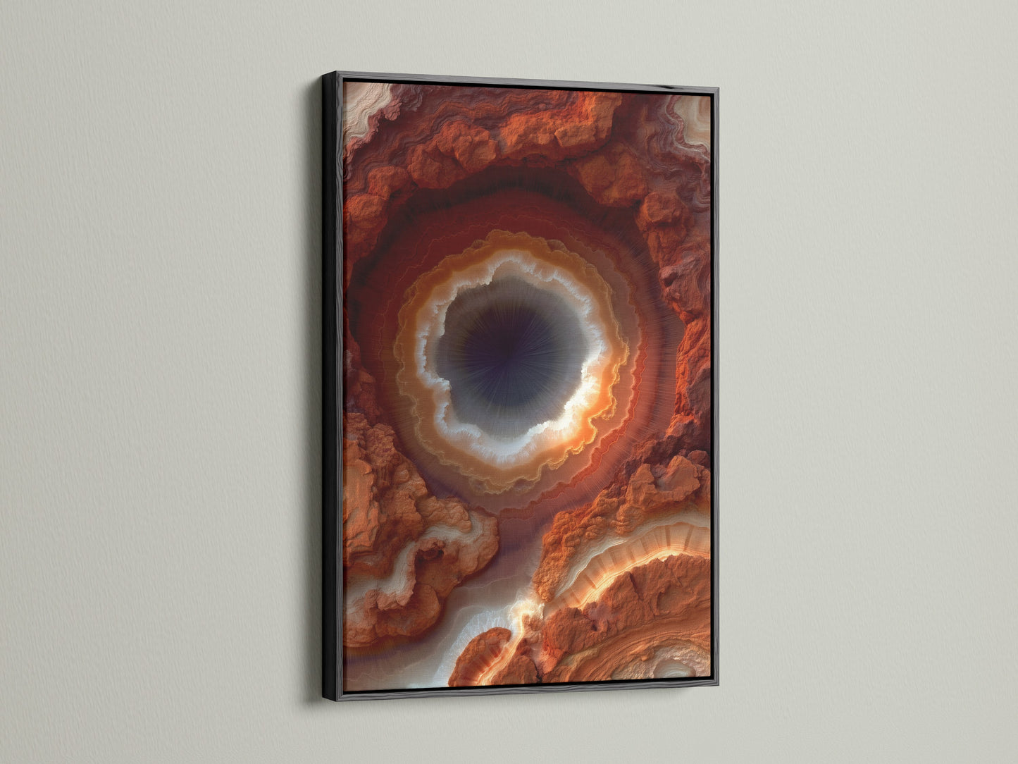 Geode Art Print in a black Frame. The artwork is a Rust Orange Agate Wall Art. A Modern Crystal Canvas Print perfect for Office Decor. Abstract Mineral Artwork to enhance your space.