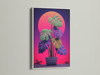 Monstera retro sunset artwork in a white frame. The vibrant artwork features a monstera plant. The sunset wall art is perfect for creating a tropical aesthetic. The white frame adds a clean look.