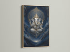 Close-up of a Ganesha Canvas Print. The artwork is framed in an oak frame. This spiritual wall decor is perfect for adding a bohemian touch to your home. The Hindu deity print enhances any space.