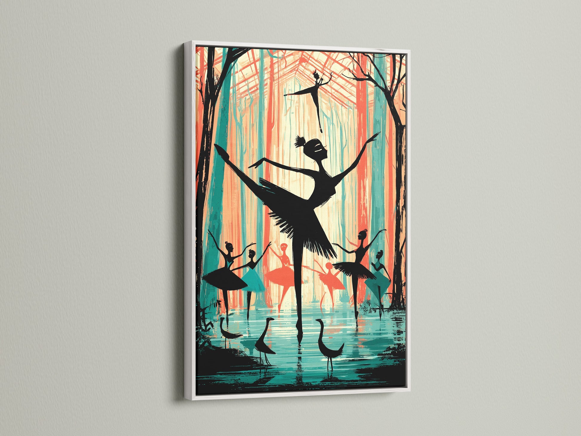 Ballerina artwork with a white frame. The dancer print showcases elegant ballet dancers. It is suitable for a dance recital gift. It can be used to add sophistication to living spaces.