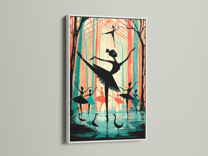 Ballerina artwork with a white frame. The dancer print showcases elegant ballet dancers. It is suitable for a dance recital gift. It can be used to add sophistication to living spaces.
