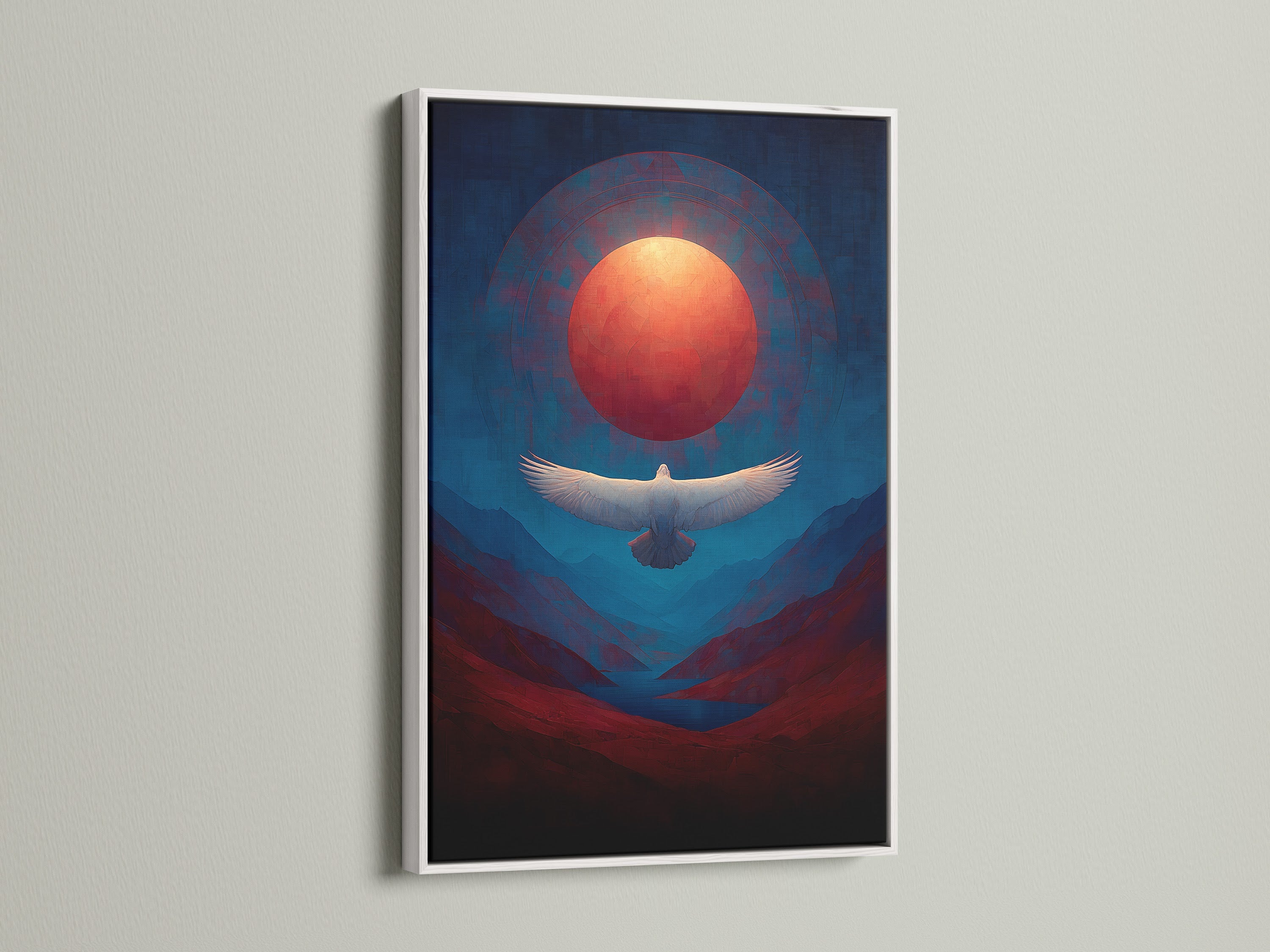 Enhance your home with this spiritual wall art in a white frame. The sunset mountain art features an eagle in flight. The bird artwork is set against a red sun and blue mountains. Perfect for meditation decor. This nature canvas print adds a serene touch to any room