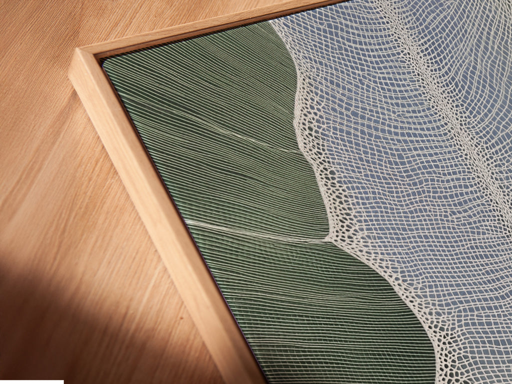 An angled close up reveals a canvas print. It is set in a floating frame. The abstract tree artwork adds sophistication. It complements minimalist Scandinavian or nature-inspired aesthetics.