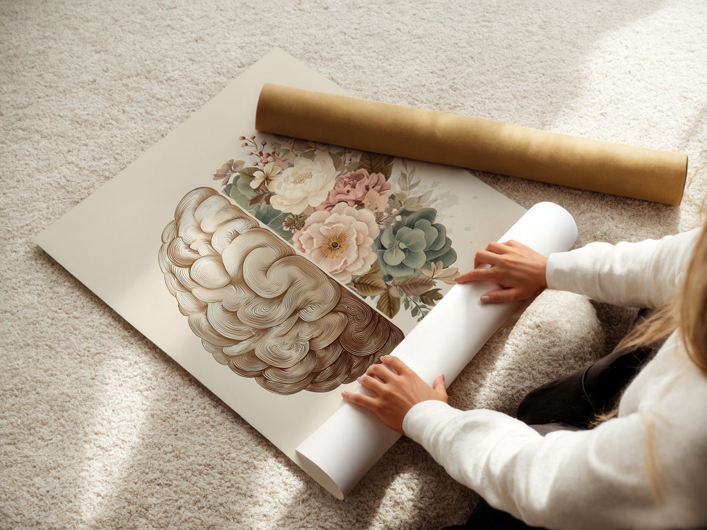 A woman is carefully rolling a fine art poster paper print. This highlights the care in packaging. The fine art paper ensures high-quality and vibrant colors. Discover the beauty and detail of fine art posters. This premium paper enhances the artwork's details.