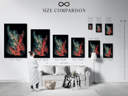 A size comparison chart displayed in an interior setting. The chart shows various sizes of artwork. This chart helps customers choose the perfect size for their space. The interior setting provides context for the artwork. The size comparison chart ensures a perfect fit. It simplifies the art selection process for customers.