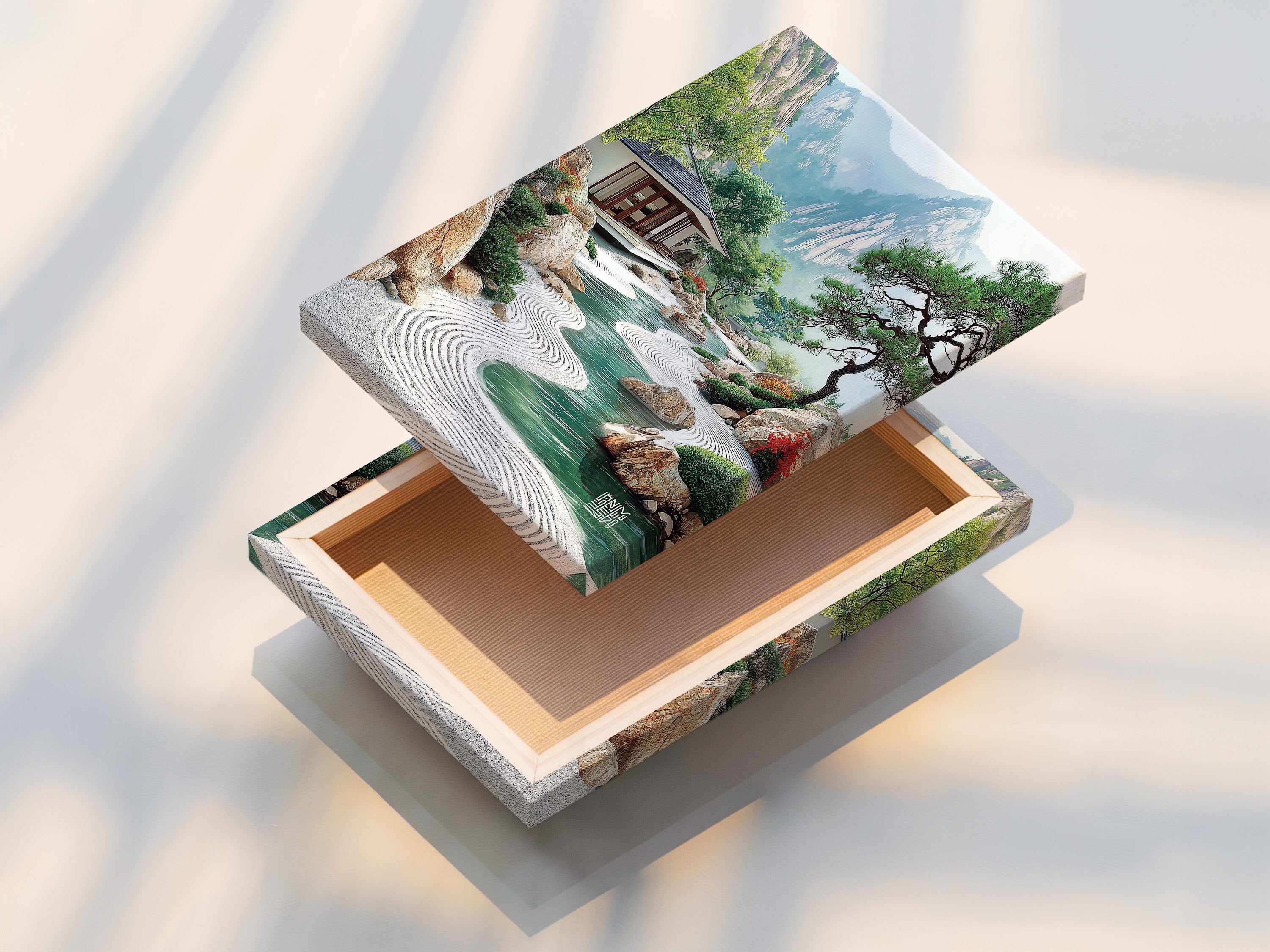 A stretched canvas print of the Zen Garden artwork. The Asian landscape brings a touch of nature indoors. Ideal for creating a serene mountain view. This calming scenery enhances any space.