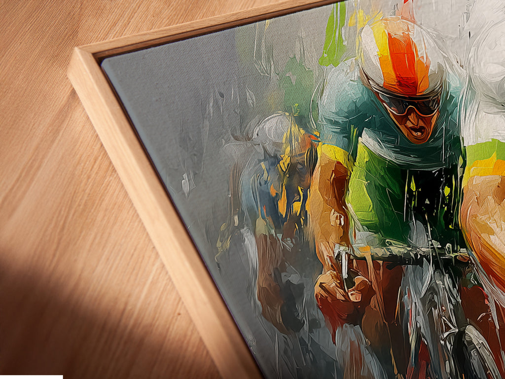 A close-up angled view. It shows a canvas print in a floating frame. The floating frame creates depth. It enhances the artwork. Giving it a gallery-like appearance. It adds sophistication.