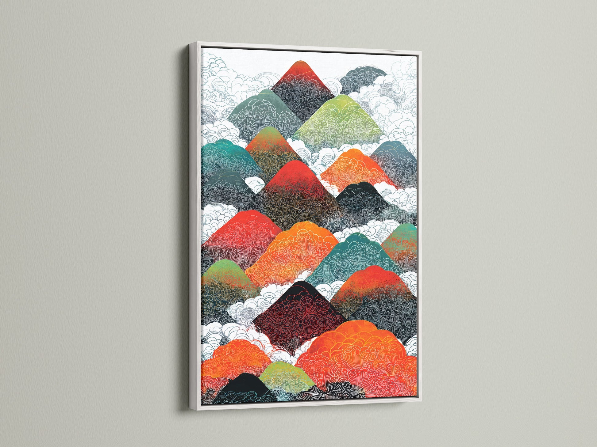 Modern abstract mountain artwork showcased in a white frame. This colorful landscape wall art adds a touch of elegance to any interior. Ideal for home wall decor this art print brings a contemporary flair with its vibrant colors. The white frame enhances its appeal.