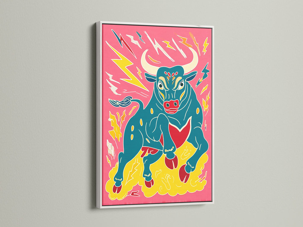 This is a bull artwork with a white frame. The colorful animal poster is a pop art print. It will brighten any room. It's ideal for maximalist decor and adds a playful touch. Shop now for bold wall art.