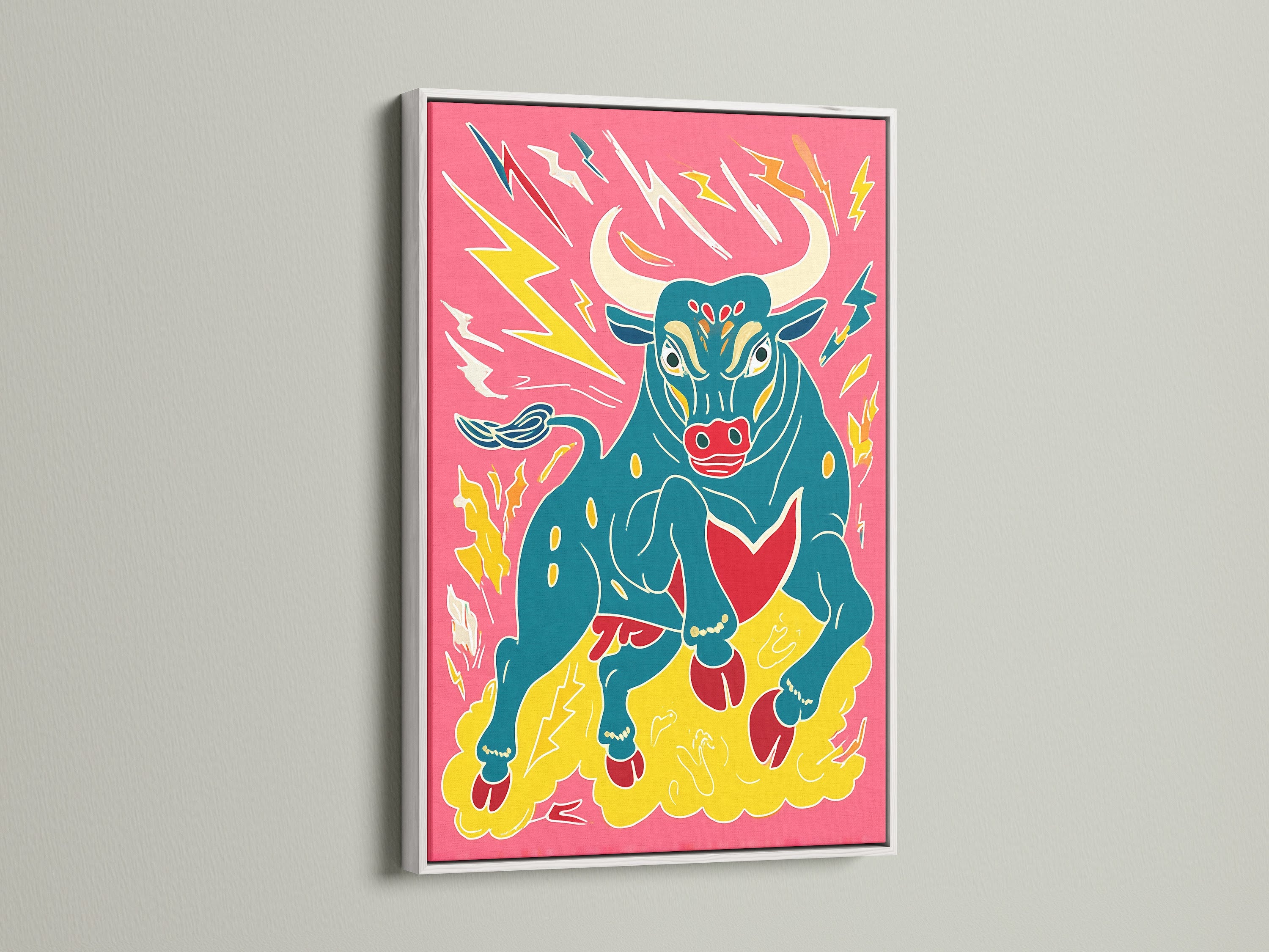 This is a bull artwork with a white frame. The colorful animal poster is a pop art print. It will brighten any room. It's ideal for maximalist decor and adds a playful touch. Shop now for bold wall art.