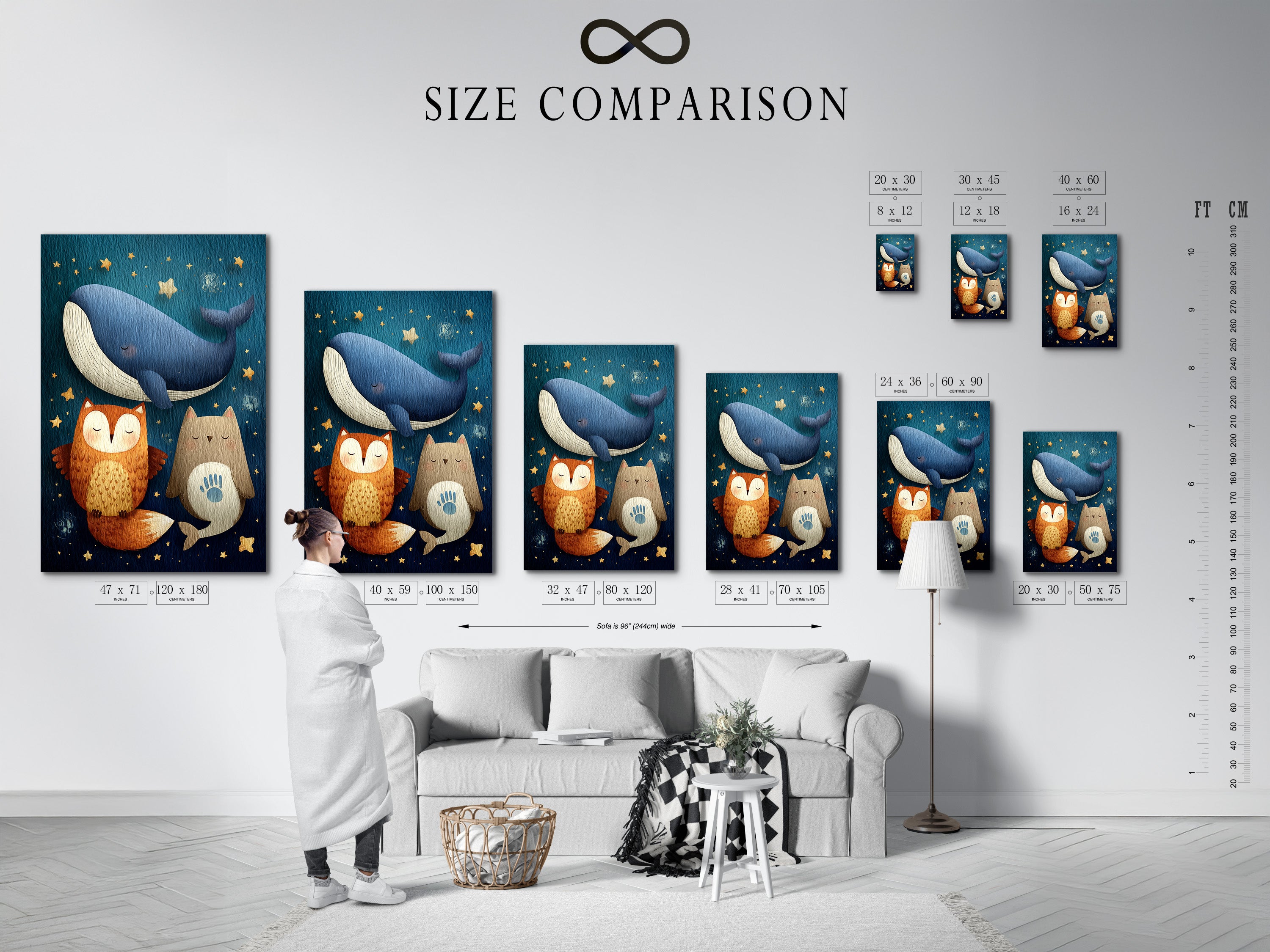 A helpful size comparison chart displayed in an interior setting. Visualize how different art sizes will look on your wall. Choose the perfect dimensions to complement your space. Make an informed decision with our easy-to-use size guide.