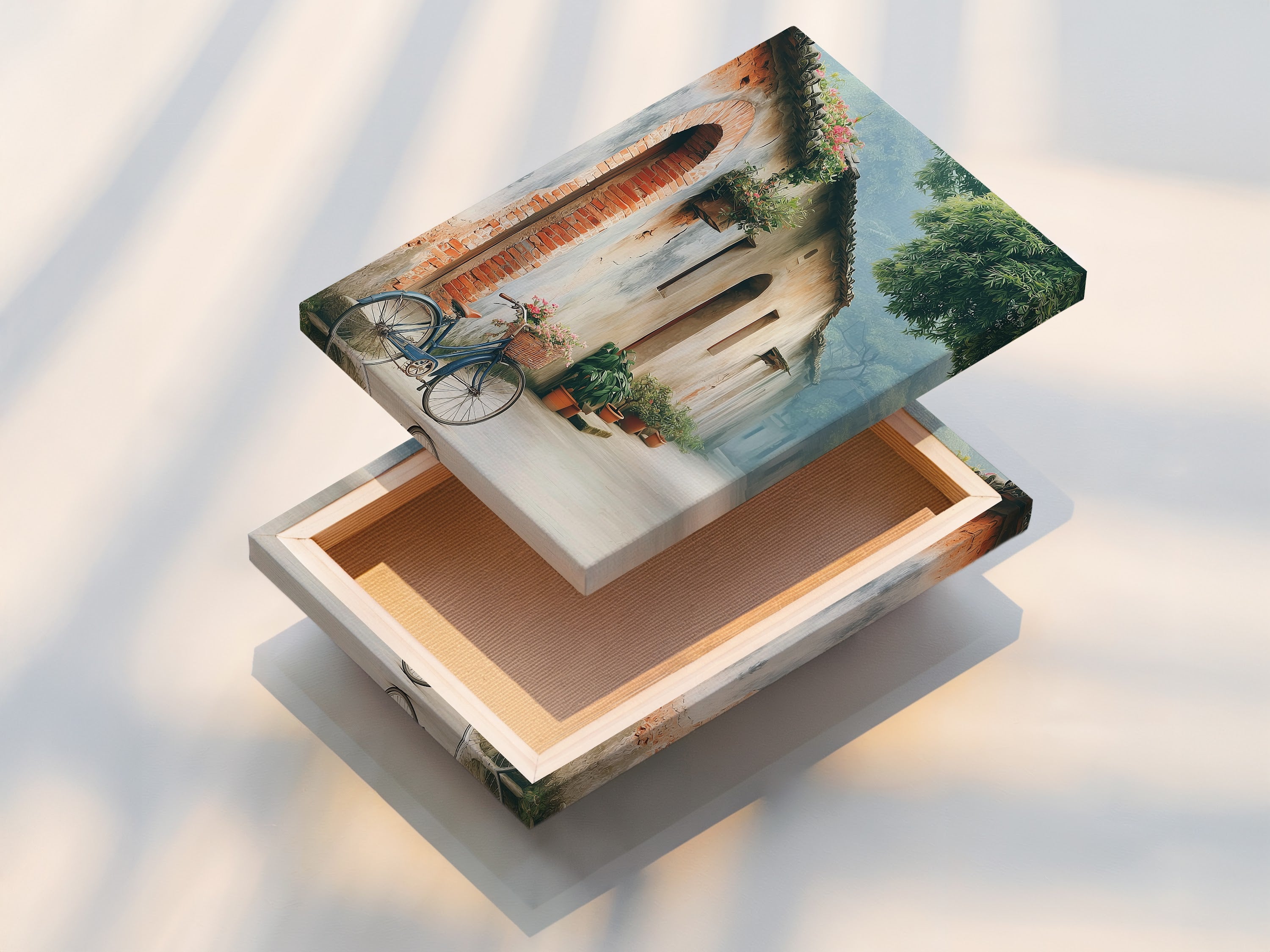 A stretched canvas print showcasing vintage bicycle art. The European street scene brings rustic charm. The stretched canvas provides a gallery-ready look. Ideal for adding a touch of Europe decor to any room. This art piece will look great anywhere.