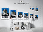 A size comparison chart displayed in an interior setting. The chart showcases various sizes of the Piano Castle artwork. Options include canvas prints and framed posters. Find the perfect size for your music room living room or office.