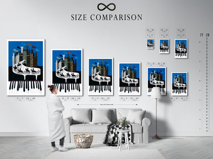 A size comparison chart displayed in an interior setting. The chart showcases various sizes of the Piano Castle artwork. Options include canvas prints and framed posters. Find the perfect size for your music room living room or office.