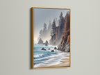 Coastal Scenery Artwork with a Gold Frame. Add a touch of elegance with this gold-framed ocean cliff wall art. This scenic canvas provides a luxurious feel to any room.  Perfect for those seeking elevated modern wall art with a touch of glam