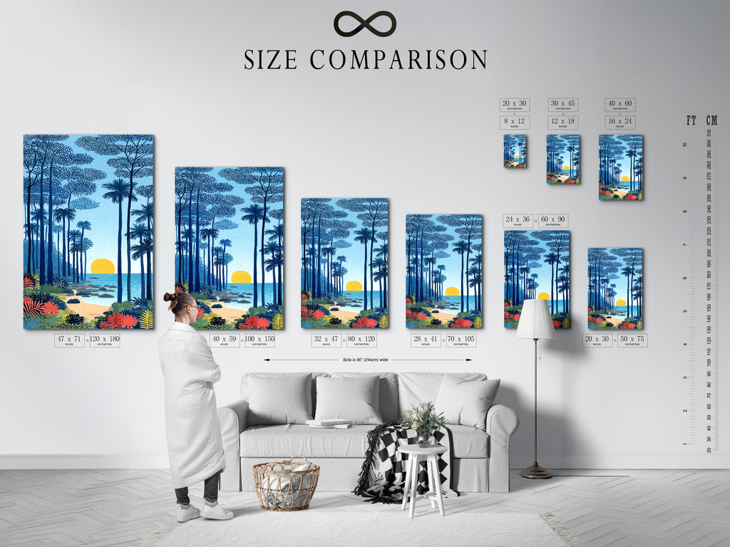 A size comparison chart displayed in an interior setting. Showcasing various sizes of the tropical beach artwork. Choose the perfect size for your coastal seascape wall art. The indigo blue sunset and palm tree art will enhance any space. Ideal for homeowners renters and interior decorators.