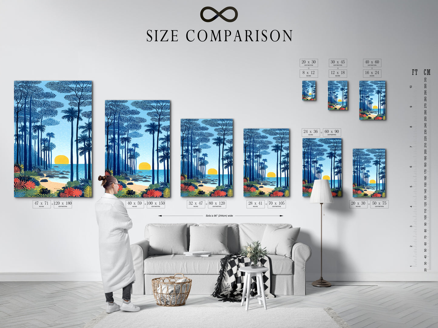 A size comparison chart displayed in an interior setting. Showcasing various sizes of the tropical beach artwork. Choose the perfect size for your coastal seascape wall art. The indigo blue sunset and palm tree art will enhance any space. Ideal for homeowners renters and interior decorators.