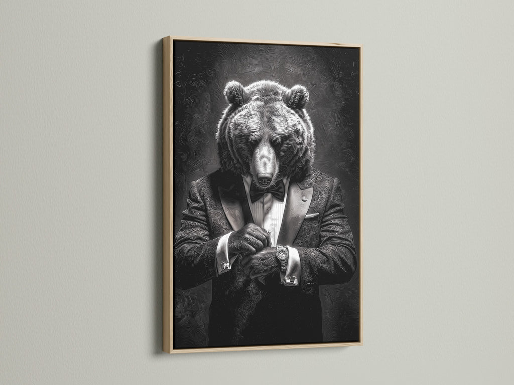 A framed artwork showcasing a bear in a tuxedo is presented in an oak frame. The artwork is elegantly displayed against a neutral wall. The oak frame enhances the art's natural tones. It brings warmth and character to any space. Find the perfect oak framed art to complement your interior aesthetic.