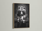 A framed artwork showcasing a bear in a tuxedo is presented in an oak frame. The artwork is elegantly displayed against a neutral wall. The oak frame enhances the art's natural tones. It brings warmth and character to any space. Find the perfect oak framed art to complement your interior aesthetic.