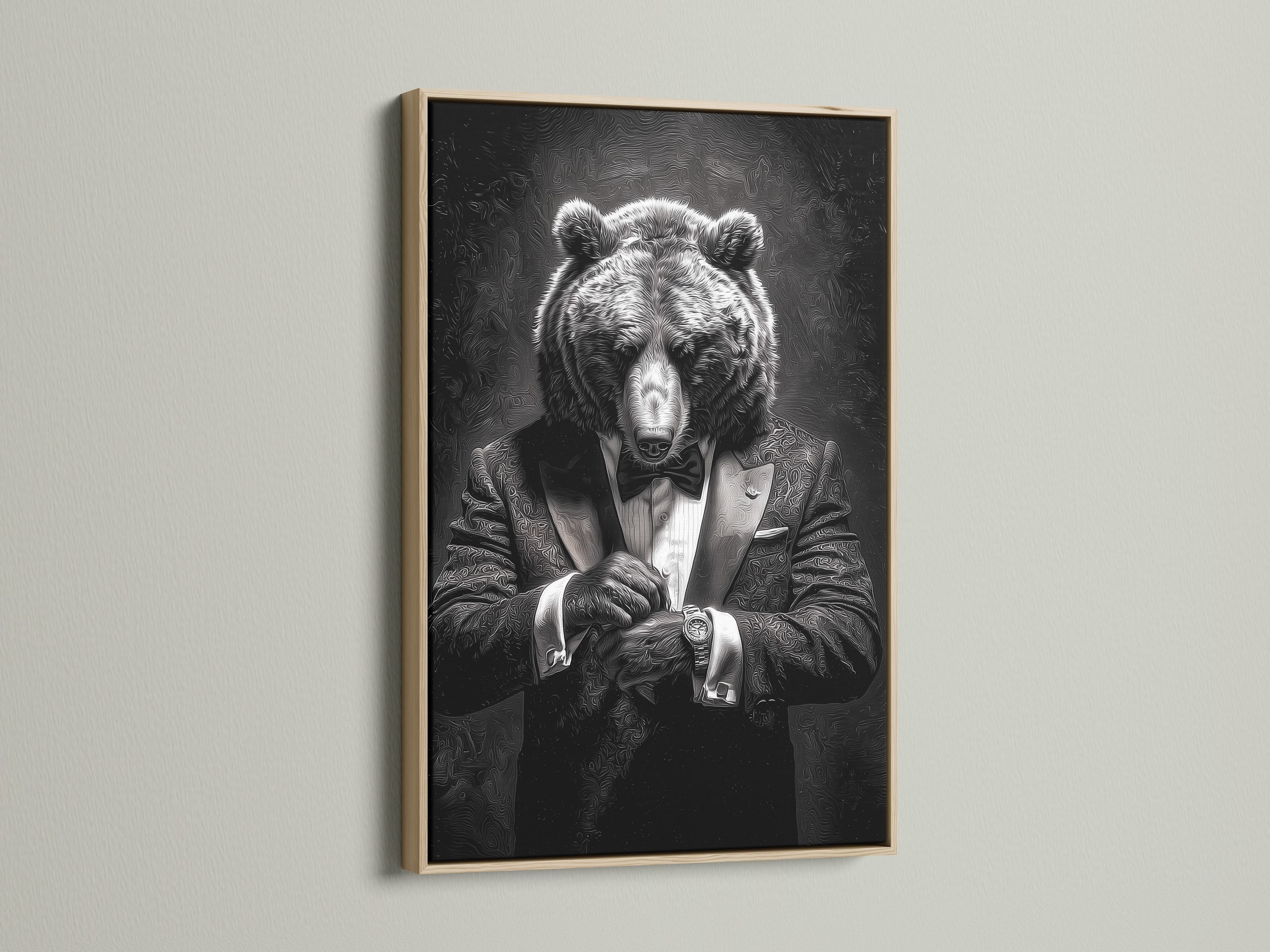 A framed artwork showcasing a bear in a tuxedo is presented in an oak frame. The artwork is elegantly displayed against a neutral wall. The oak frame enhances the art's natural tones. It brings warmth and character to any space. Find the perfect oak framed art to complement your interior aesthetic.