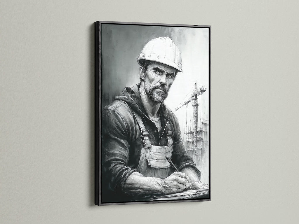 This construction worker artwork is framed in a sleek black frame. The hardhat worker art makes a bold statement. This worker canvas print is ideal for modern industrial spaces. This realistic portrait offers a unique and stylish decor option.