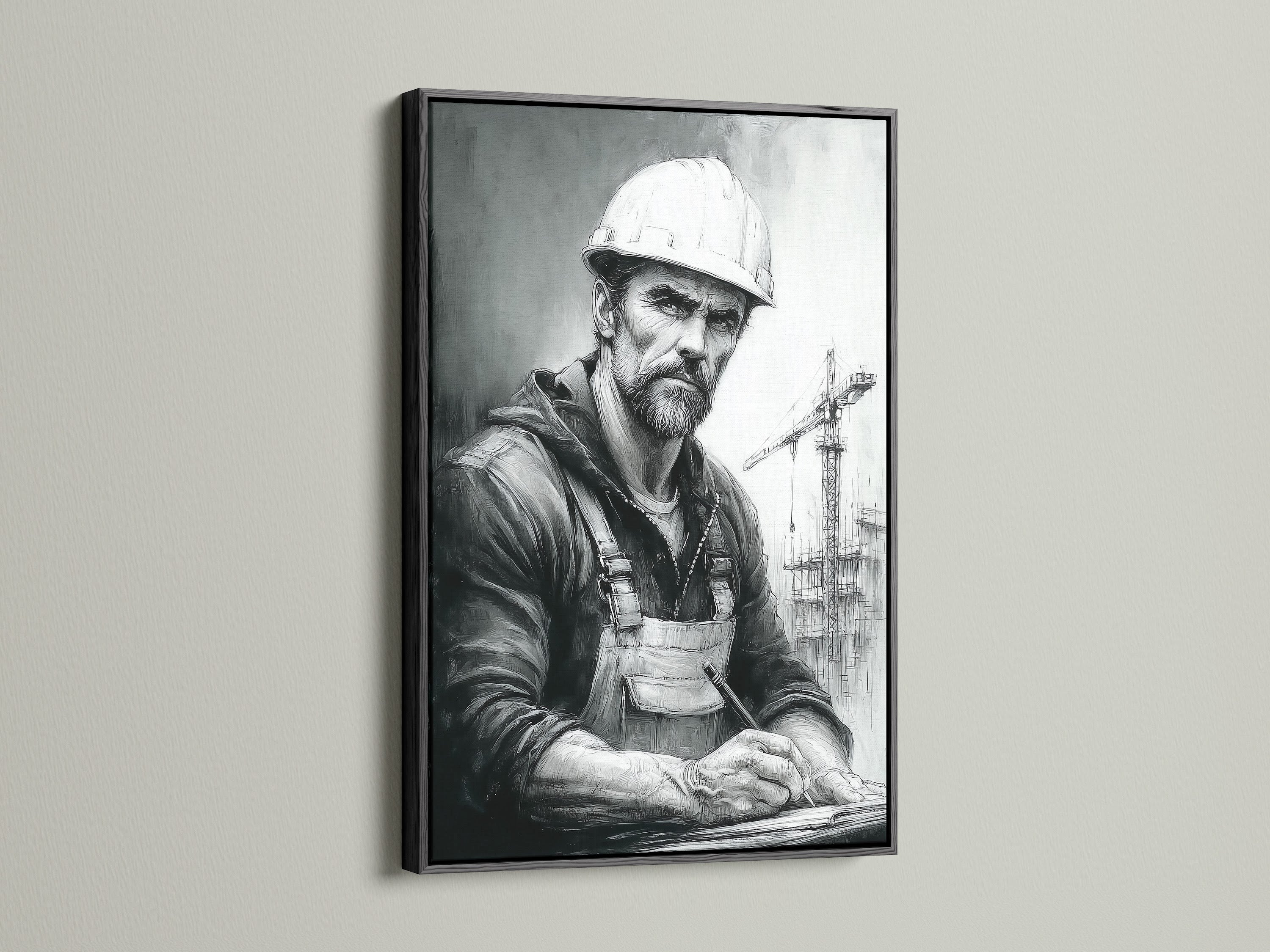 This construction worker artwork is framed in a sleek black frame. The hardhat worker art makes a bold statement. This worker canvas print is ideal for modern industrial spaces. This realistic portrait offers a unique and stylish decor option.