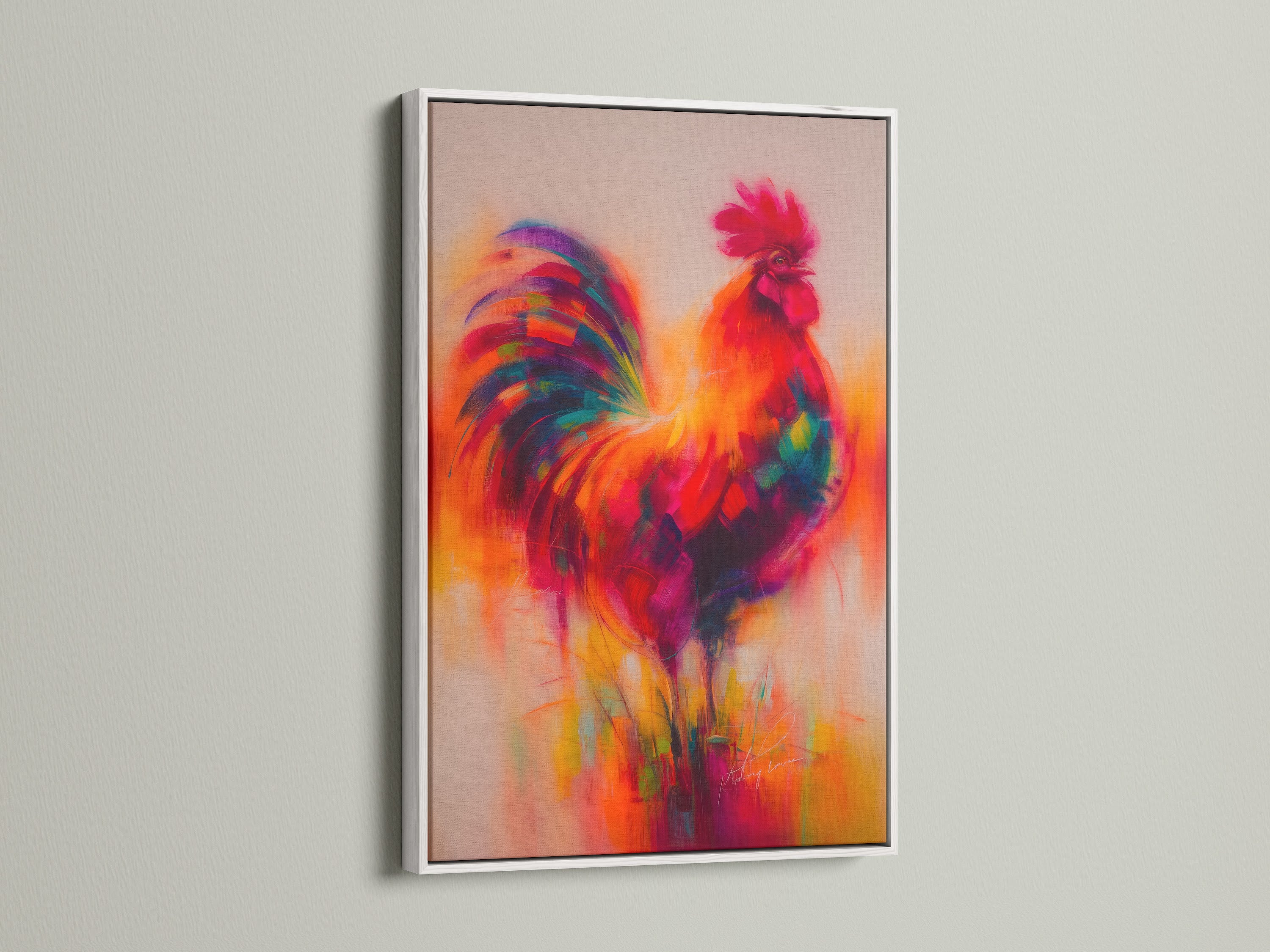 A colorful rooster artwork is showcased in a white frame. This vibrant animal art brightens any space. The piece is ideal for modern farmhouse decor. The white frame enhances the art's vivid colors. Perfect for living rooms. See how it complements your interior.