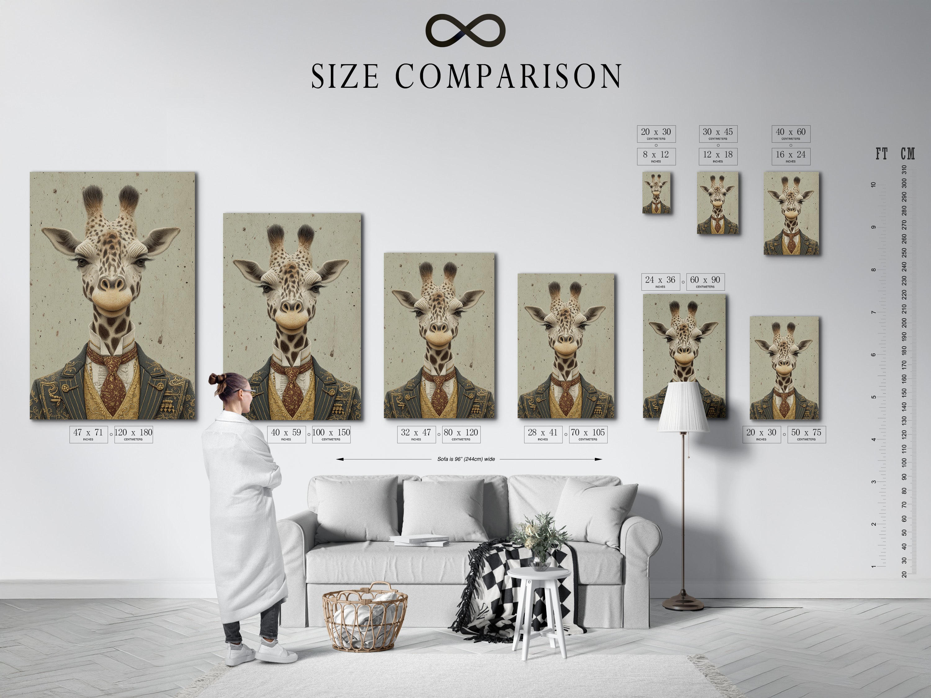 A size comparison chart in an interior setting displays the vintage gentleman giraffe artwork. The chart helps visualize the artwork's dimensions. Choose the perfect size to fit your space. See how this piece fits into your interior.
