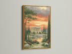 Greek Temple artwork with a gold frame. This classical piece adds a touch of luxury to any room. The Parthenon print is perfect for a sophisticated look. Enhance your home or office with this ancient Greece art. This artwork is ideal for living rooms bedrooms and boardrooms.