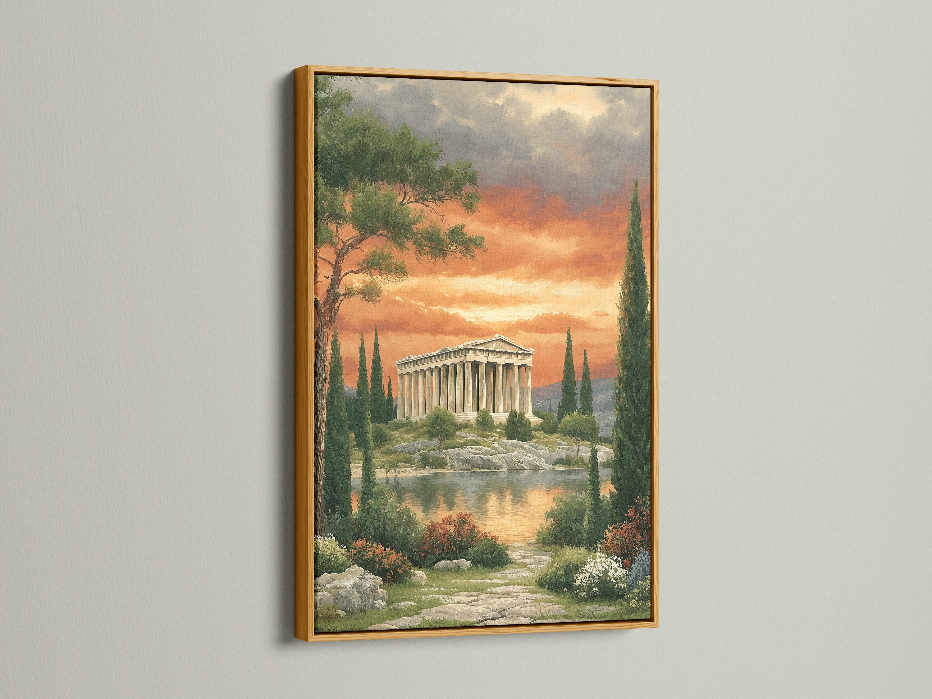 Greek Temple artwork with a gold frame. This classical piece adds a touch of luxury to any room. The Parthenon print is perfect for a sophisticated look. Enhance your home or office with this ancient Greece art. This artwork is ideal for living rooms bedrooms and boardrooms.