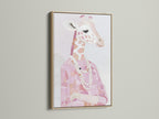 An oak frame showcases a Giraffe Portrait Canvas Print. The pink animal print adds a touch of fashion. Pearl necklace art enhances this nursery wall decor. The oak frame complements the blush pink art beautifully. This stylish animal art is a must-have.